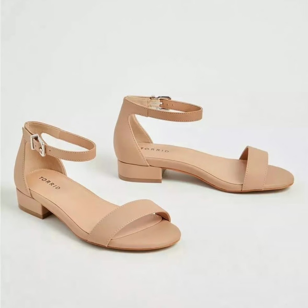 Torrid Nude PU Mini Block Heel Sandals Wide Width 11W Beige Ankle Strap
